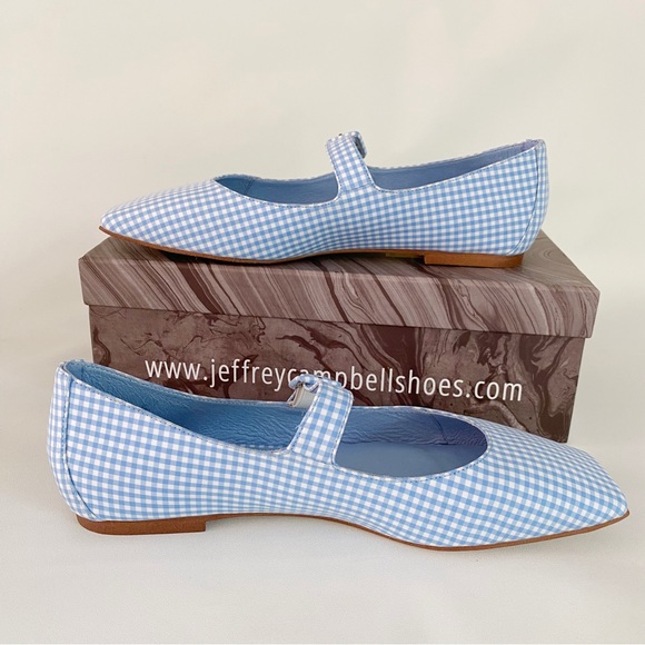 Jeffrey Campbell | Square Toe Mary Jane Flats Sky Blue Gingham Pin Up Rockabilly - Picture 6 of 12